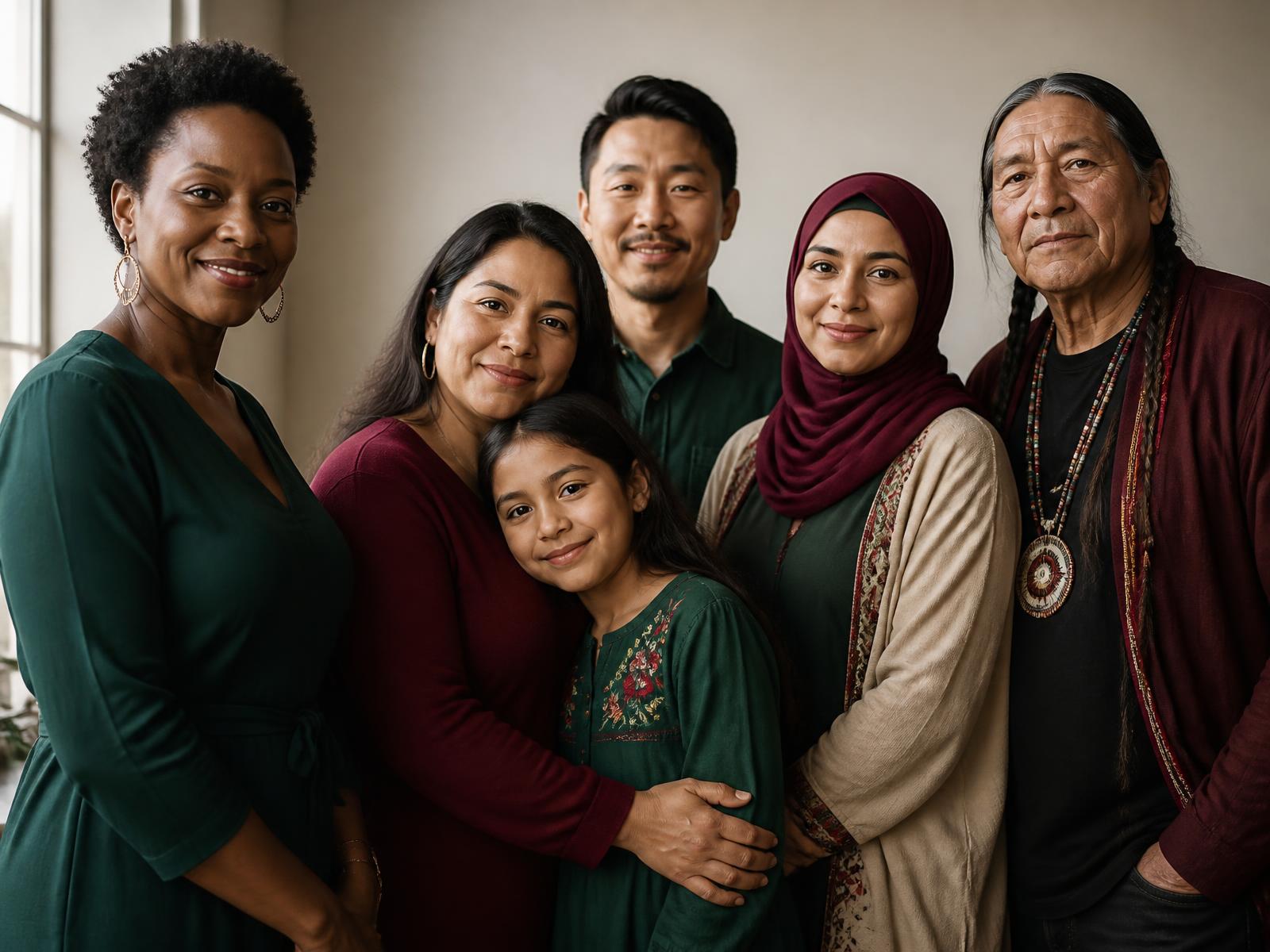 A multicultural group of adults and children standing together in warm natural light
