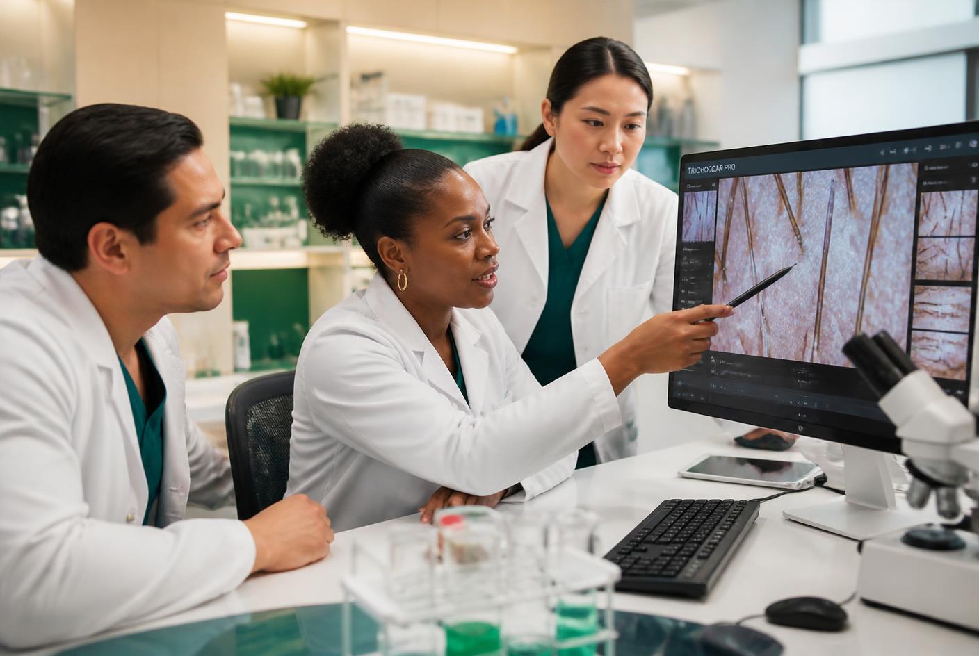 Dermatology researchers reviewing scalp imaging together