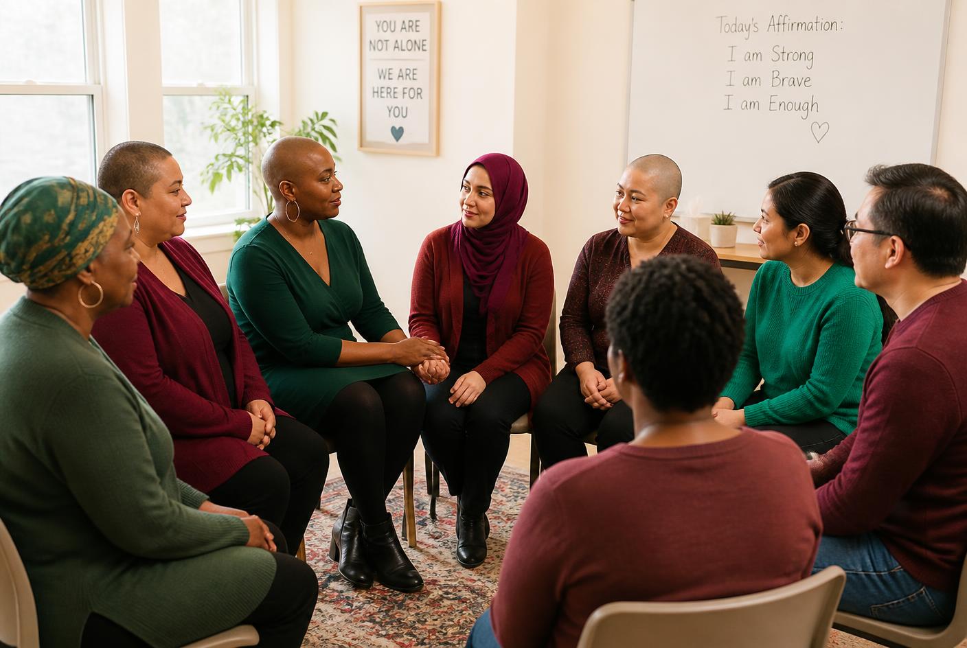 A diverse support group seated in a circle in a bright community room